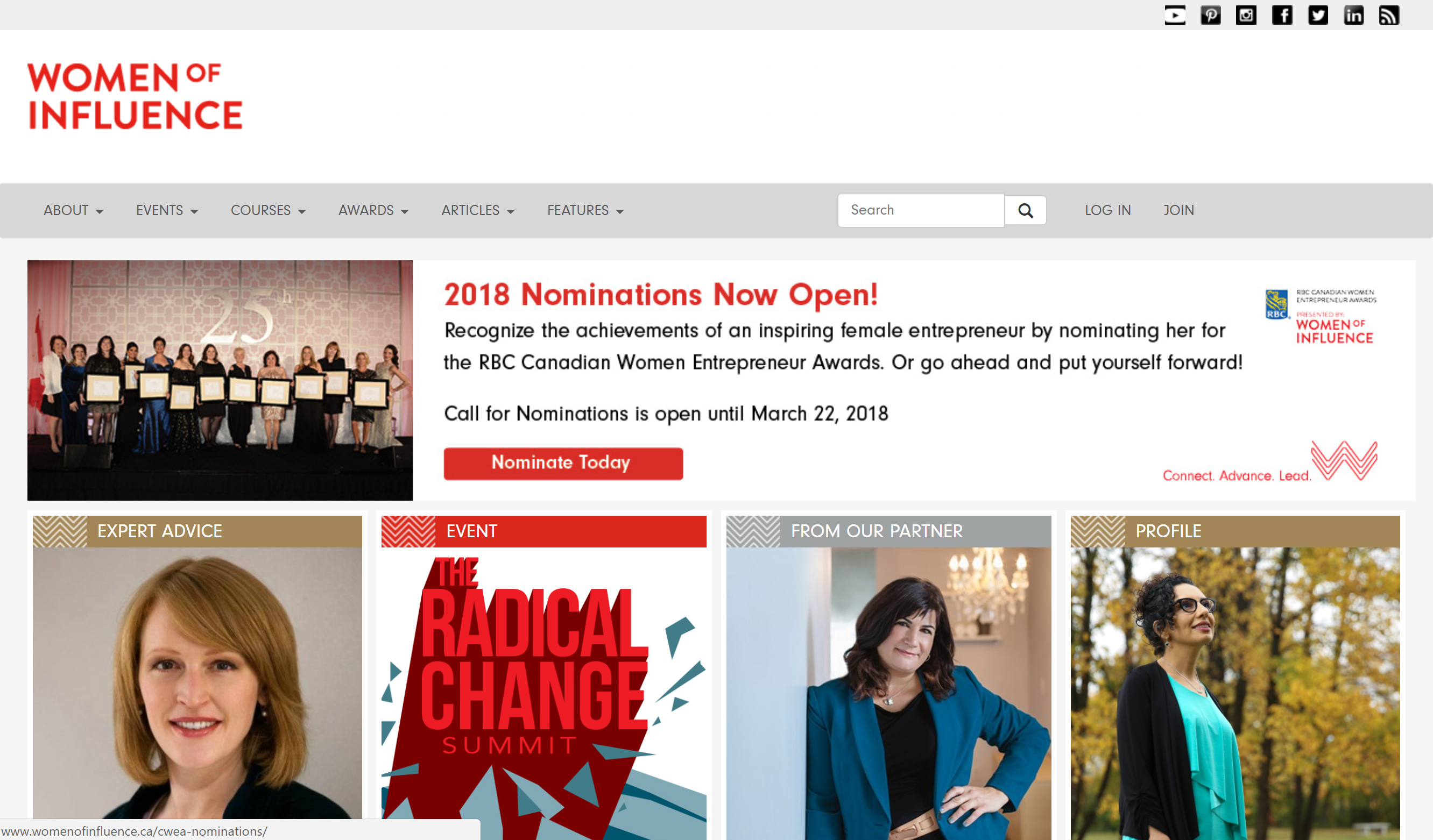 Screenshot of Women of Influence website homepage