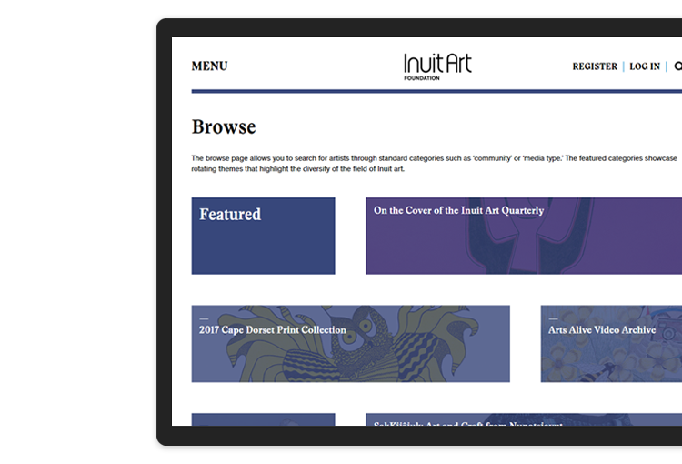 Inuit Art Foundation's website displayed on a tablet