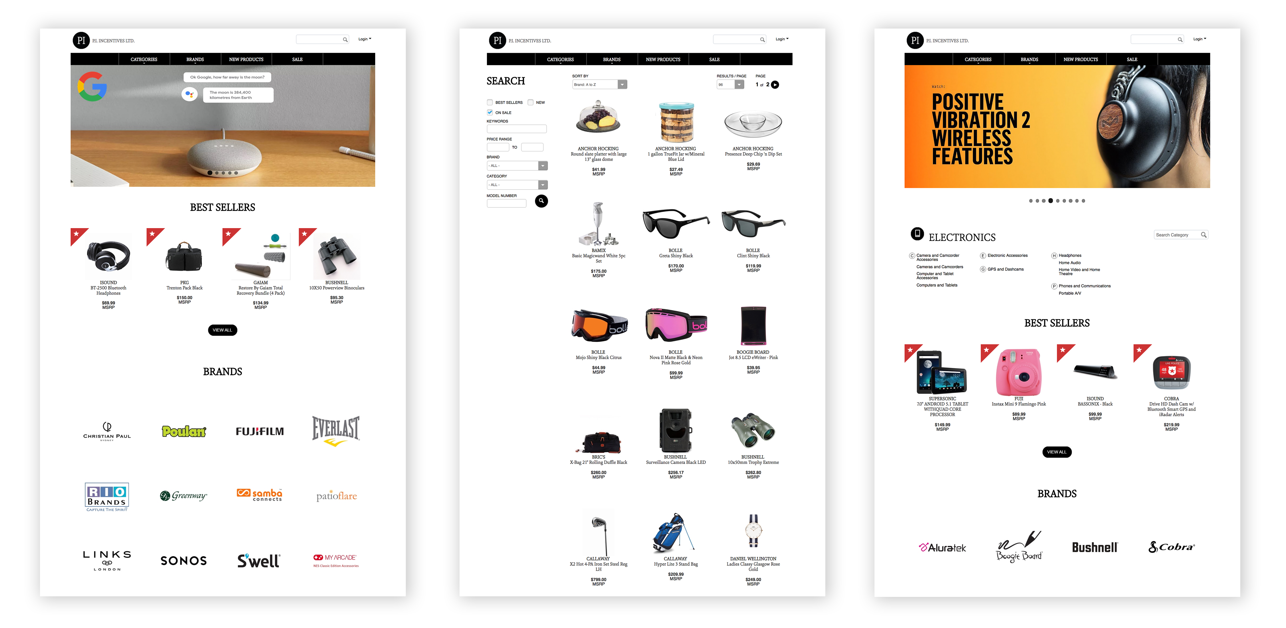 Three different pages from PI Incentives' website being displayed side by side